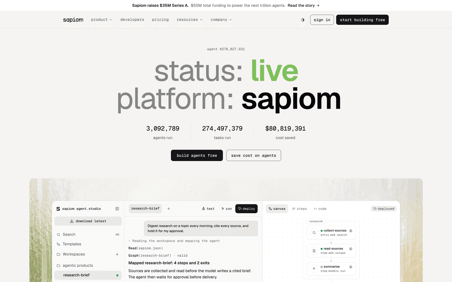 Sapiom landing page describing an OpenAI-compatible router that sends each call to the most efficient model