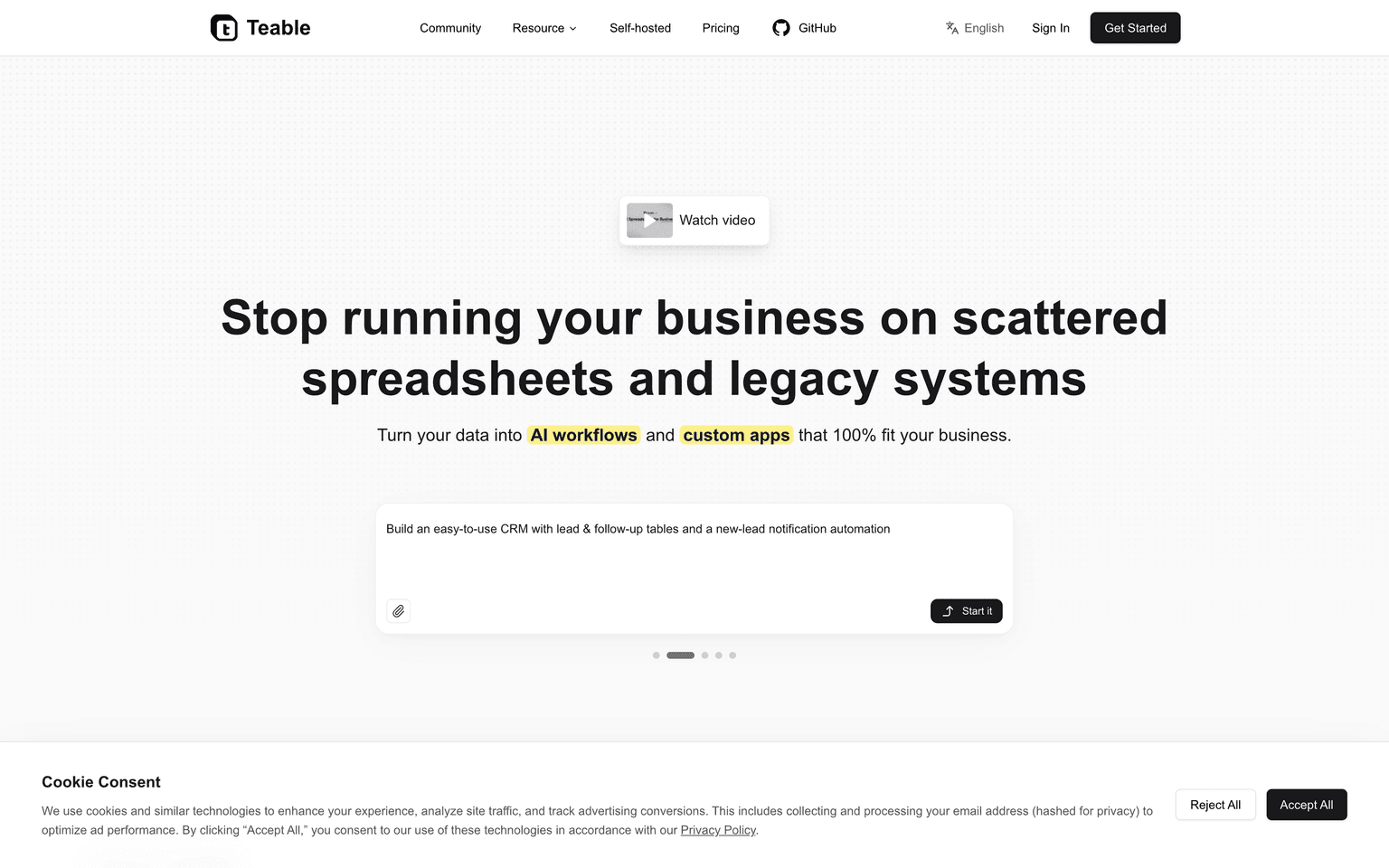 Teable landing page describing an AI-native no-code database and spreadsheet built on PostgreSQL