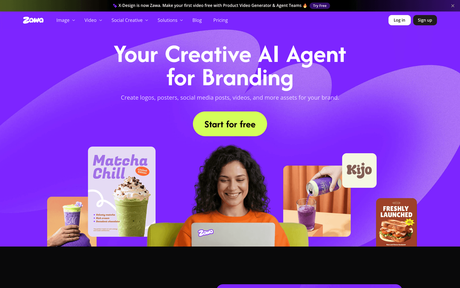 Zawa homepage headline your creative AI agent for branding, with poster and mockup examples