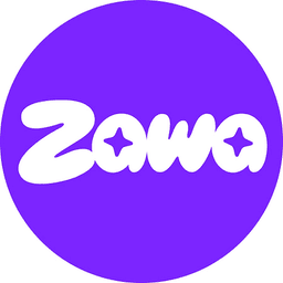 Zawa logo, white bubble lettering with sparkles inside a purple circle