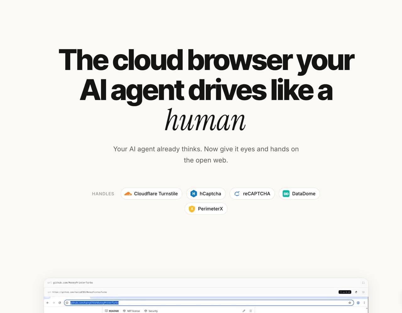 Human Browser feature section listing captcha systems it handles including Cloudflare Turnstile, hCaptcha, reCAPTCHA, and DataDome