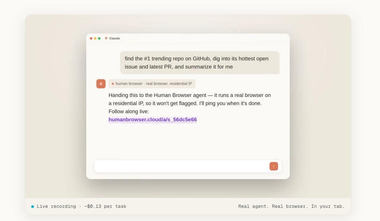Claude chat handing a GitHub research task to the Human Browser agent running on a residential IP