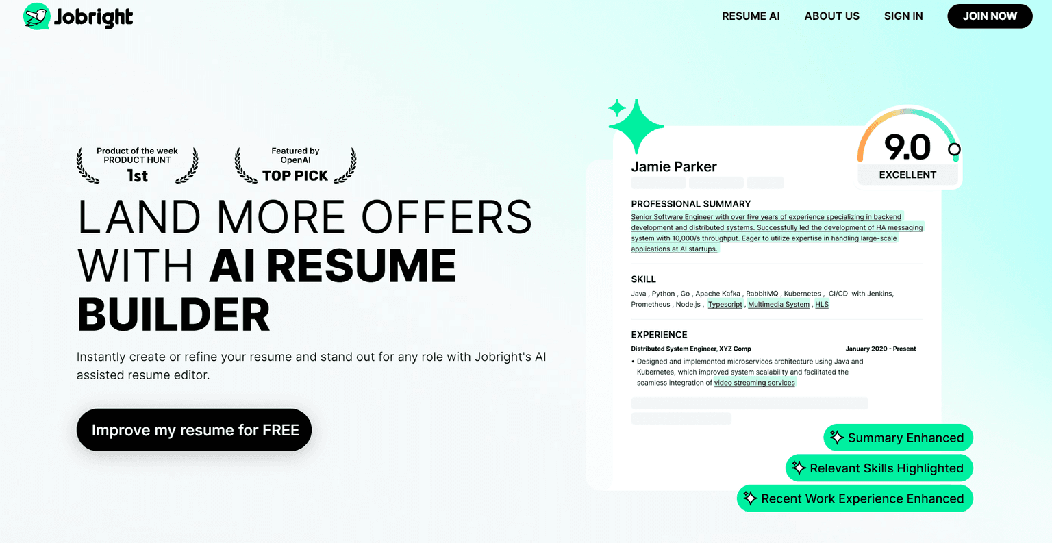 Jobright AI Resume Builder hr & job search tool screenshot