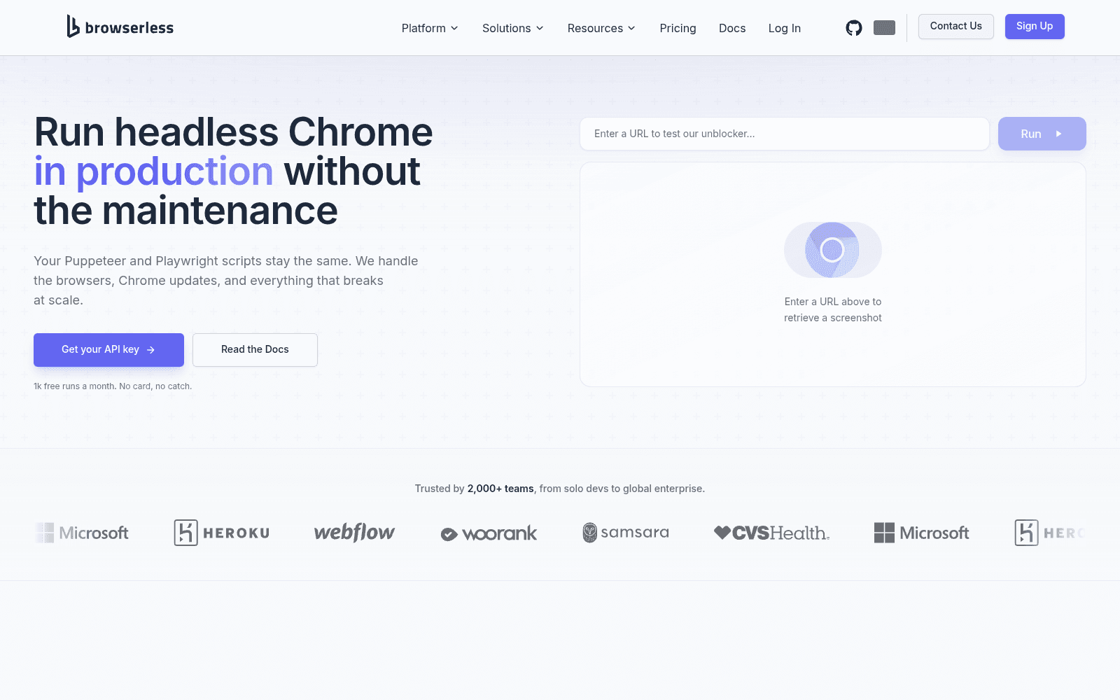 Browserless homepage showing headless browser production service screenshot