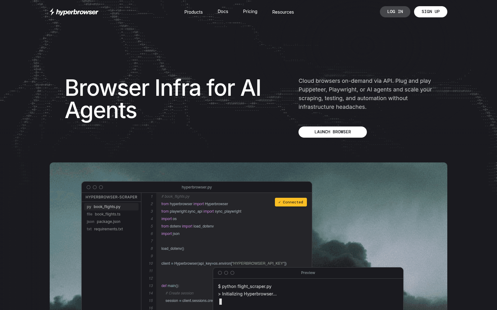 Hyperbrowser homepage showing cloud browser infrastructure for agents screenshot