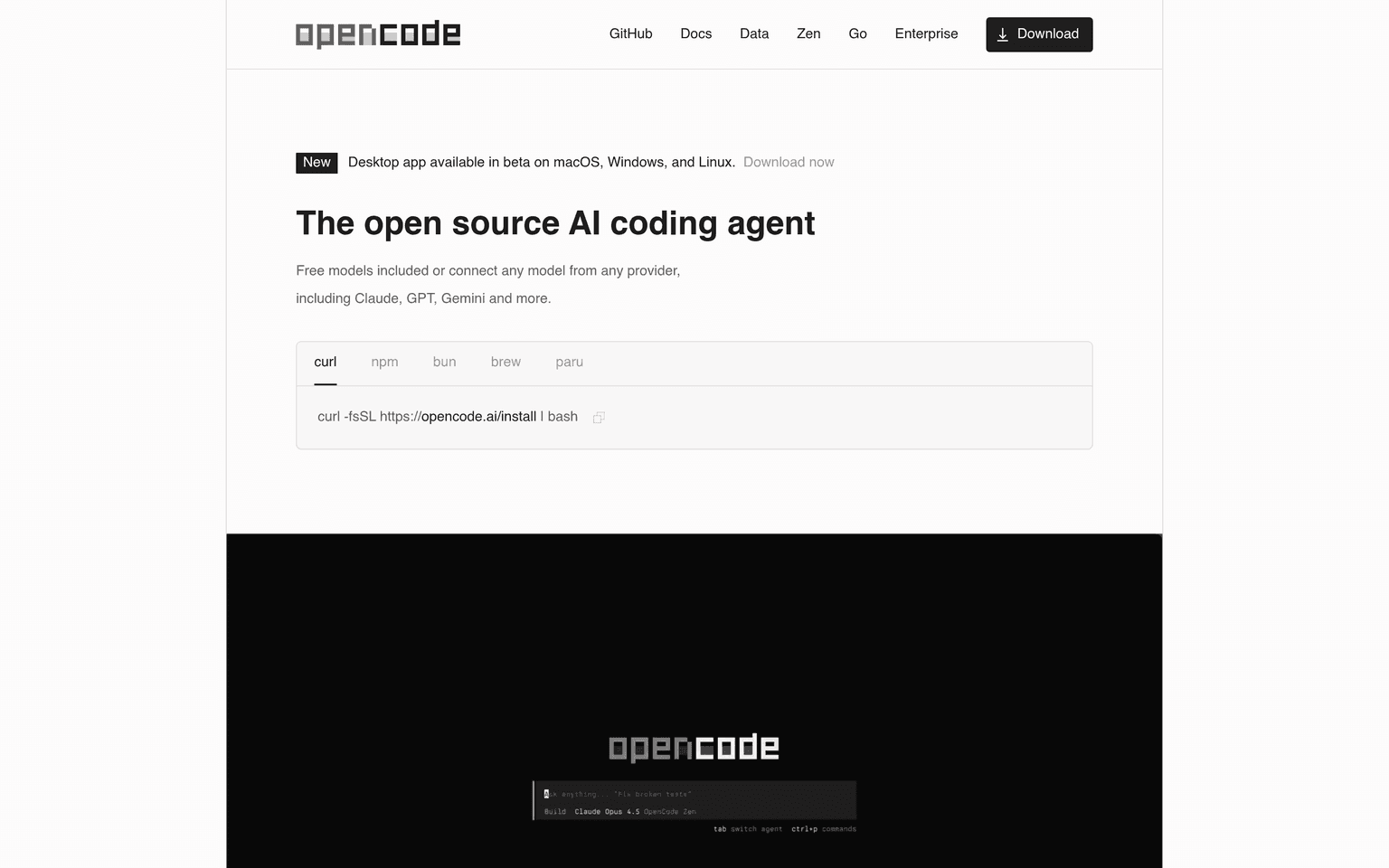 OpenCode website homepage screenshot showing the product