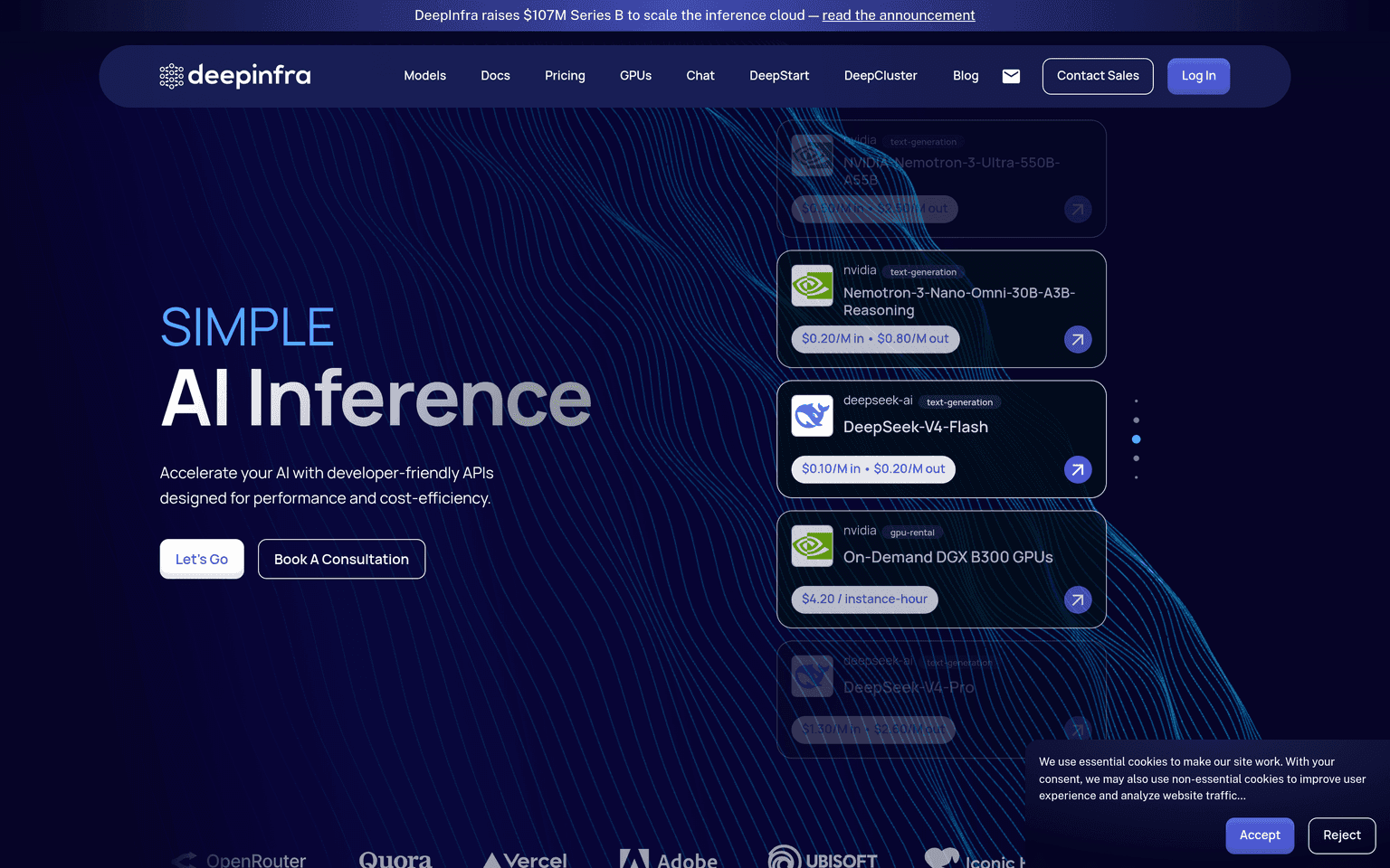 DeepInfra website homepage screenshot showing the product