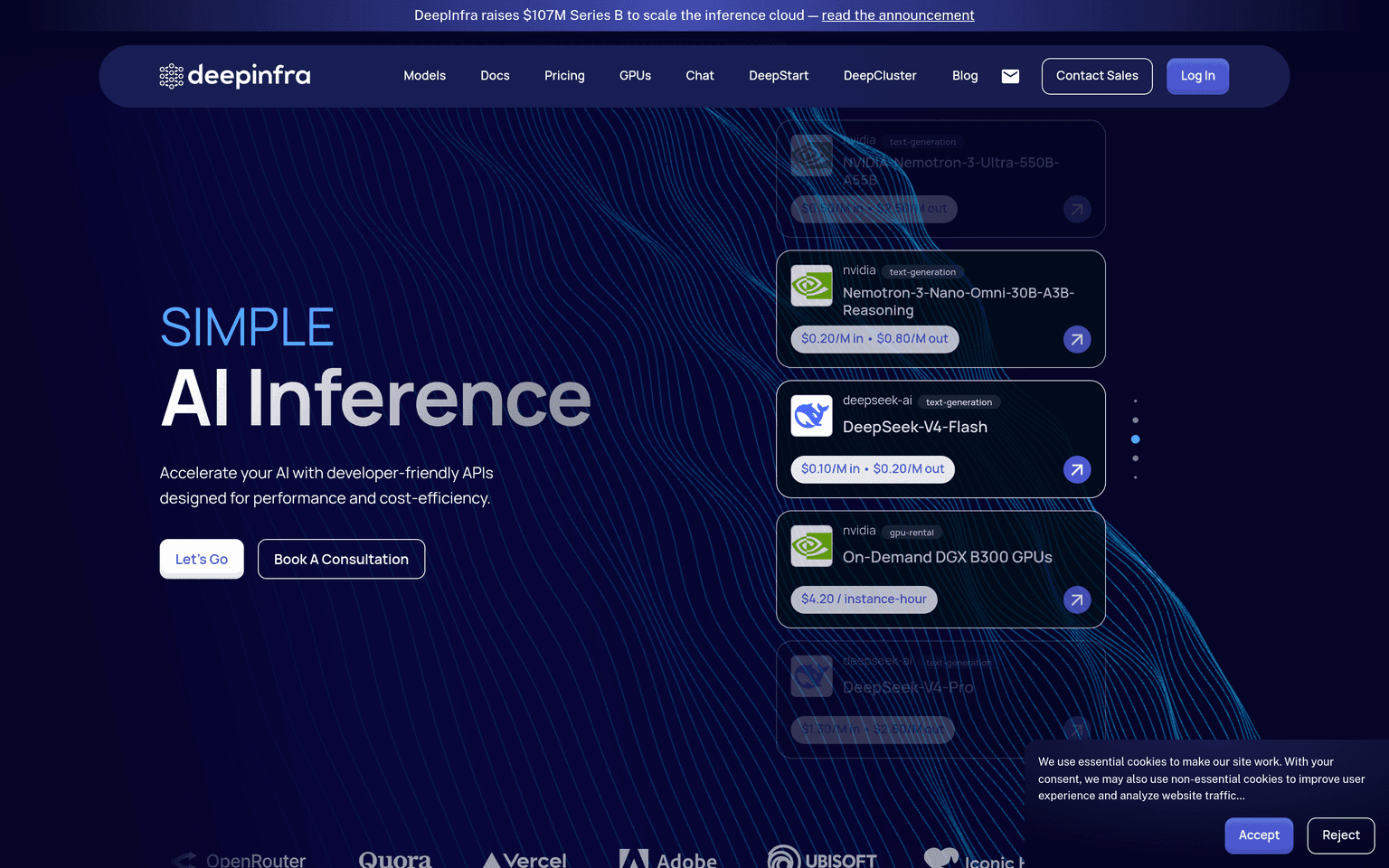 DeepInfra website homepage screenshot showing the product