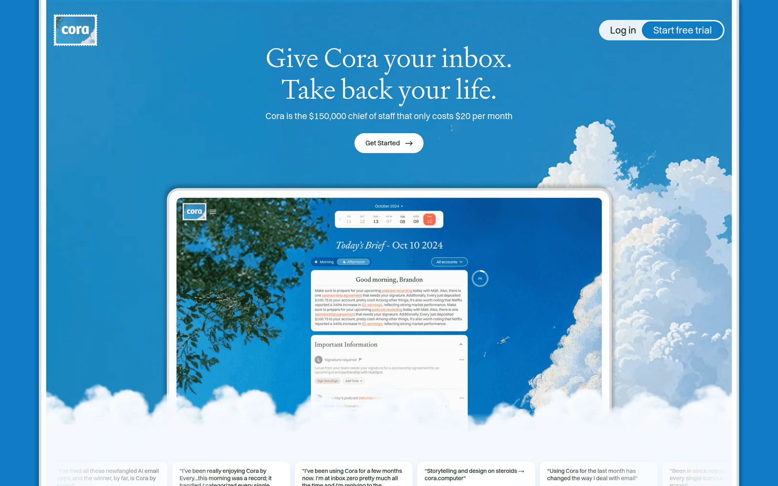 Cora website homepage screenshot showing the product
