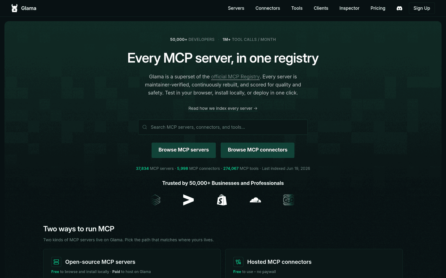 Glama website homepage screenshot showing the product