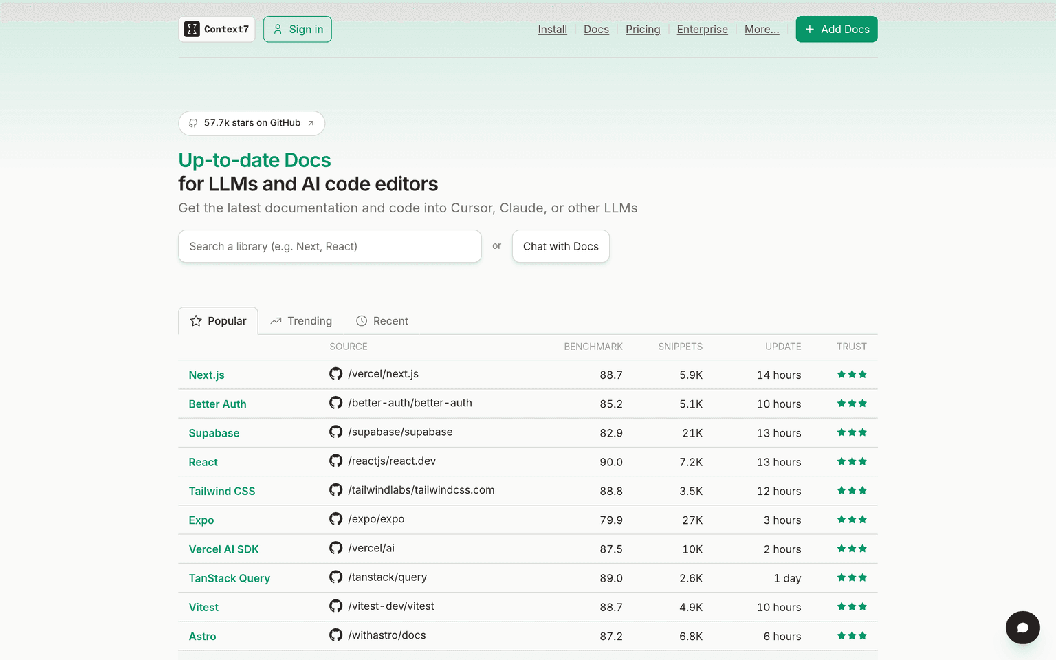 Context7 website homepage screenshot showing the product