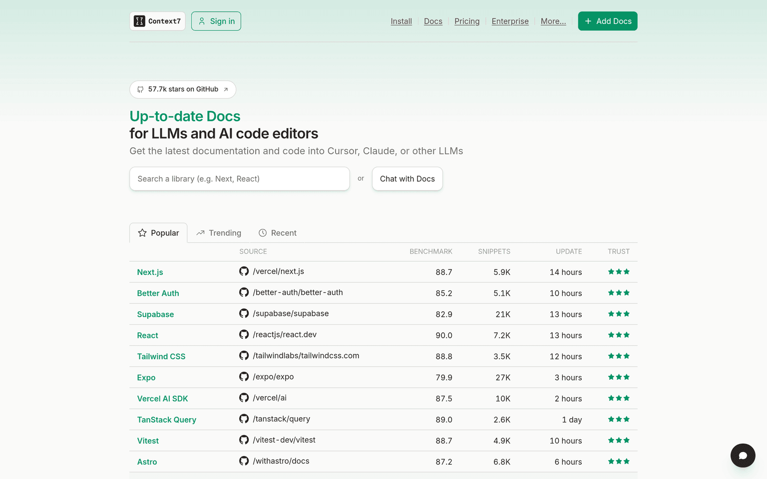 Context7 website homepage screenshot showing the product