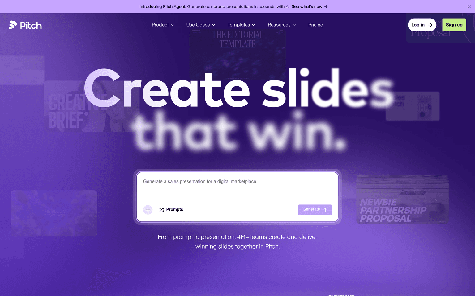 Pitch website homepage screenshot showing the product