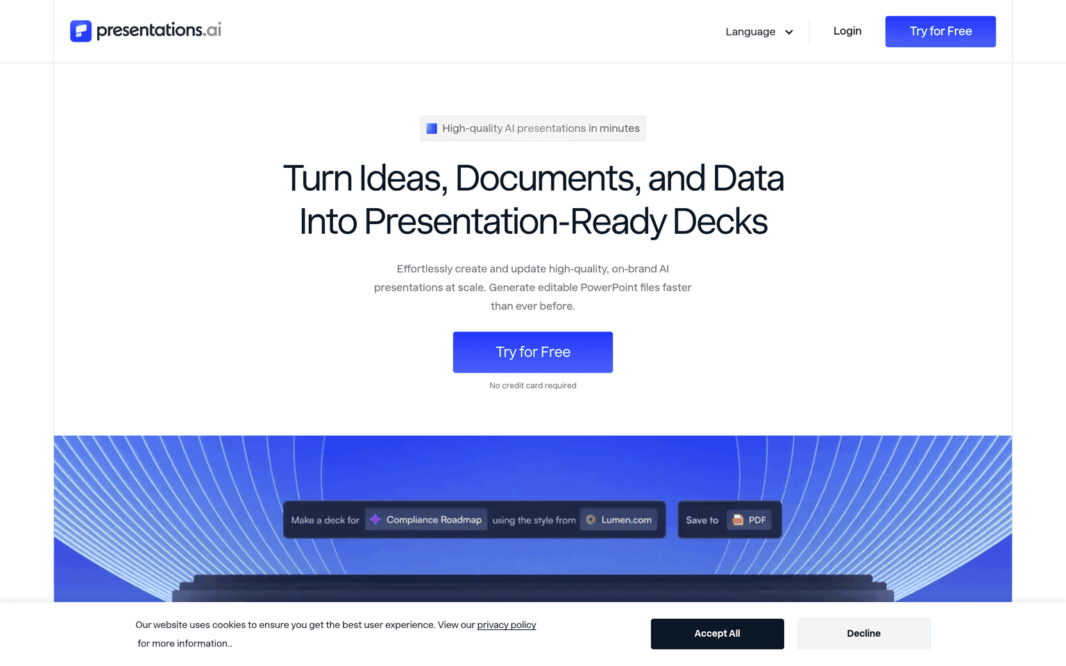 Presentations.AI website homepage screenshot showing the product