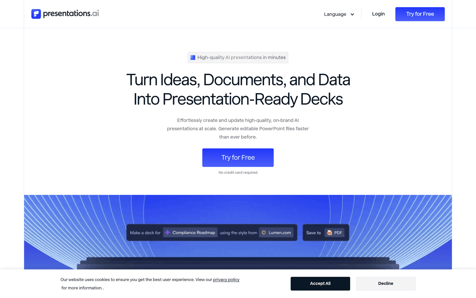 Presentations.AI website homepage screenshot showing the product