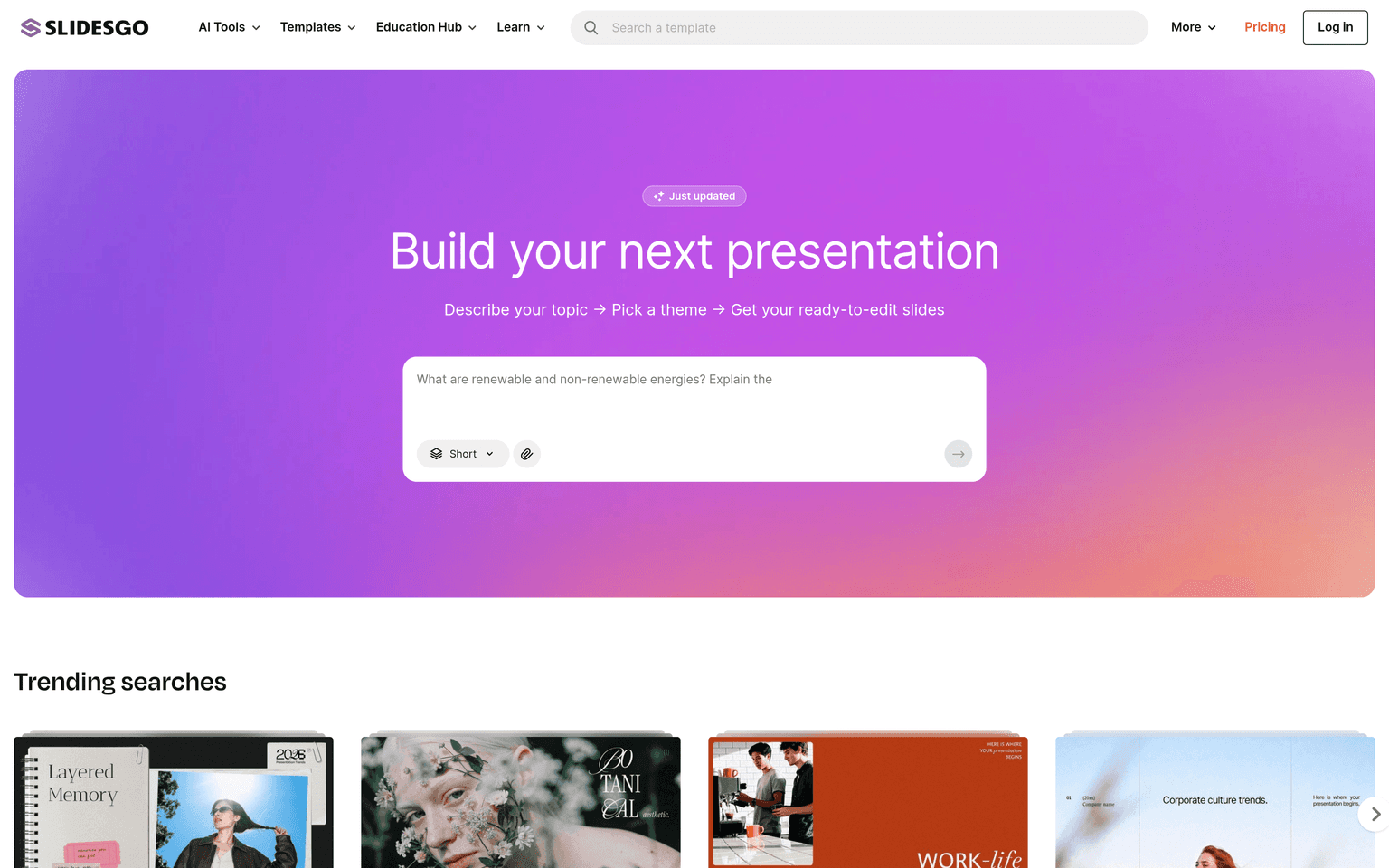 Slidesgo website homepage screenshot showing the product
