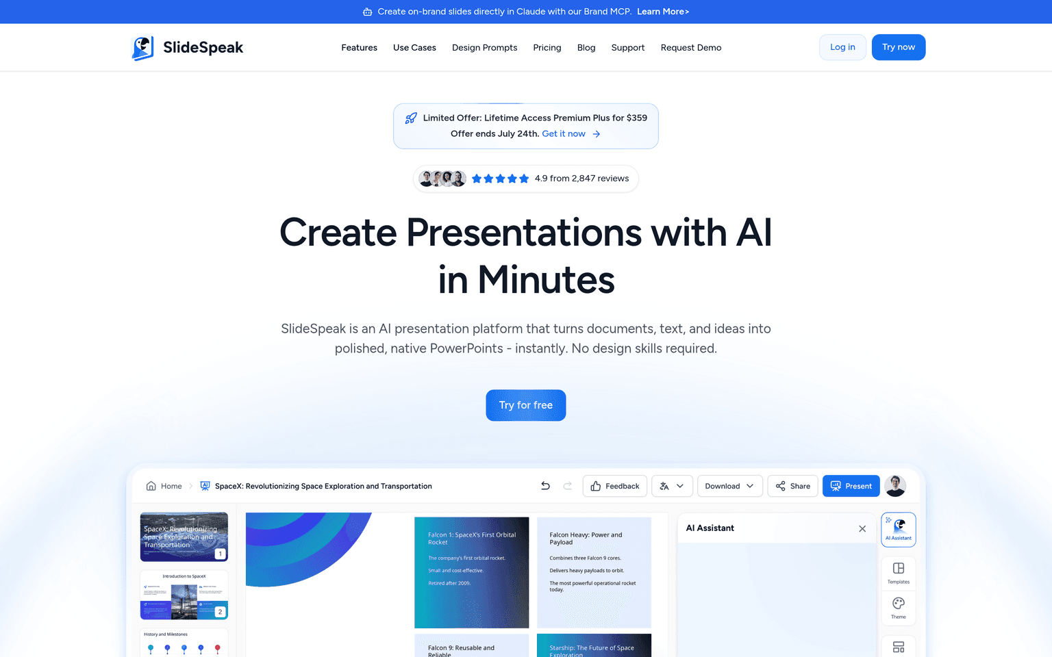 SlideSpeak website homepage screenshot showing the product