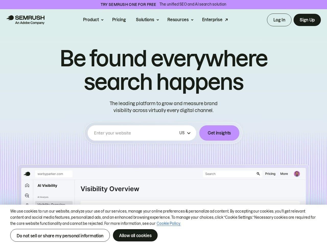 Semrush website homepage screenshot showing the product