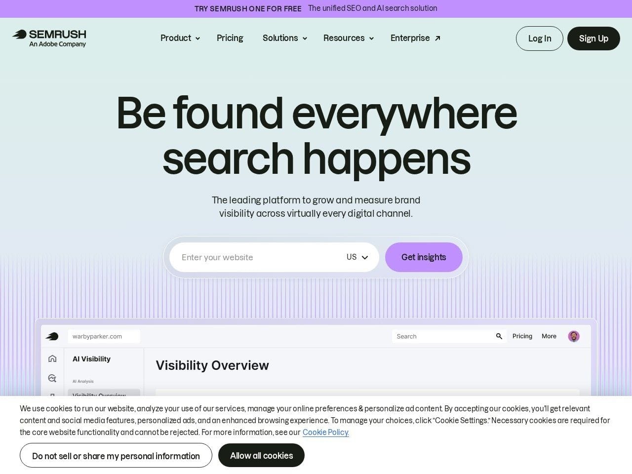 Semrush website homepage screenshot showing the product