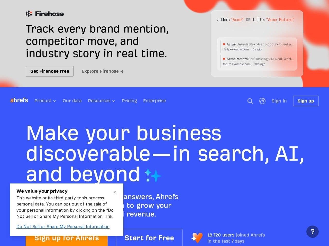 Ahrefs website homepage screenshot showing the product
