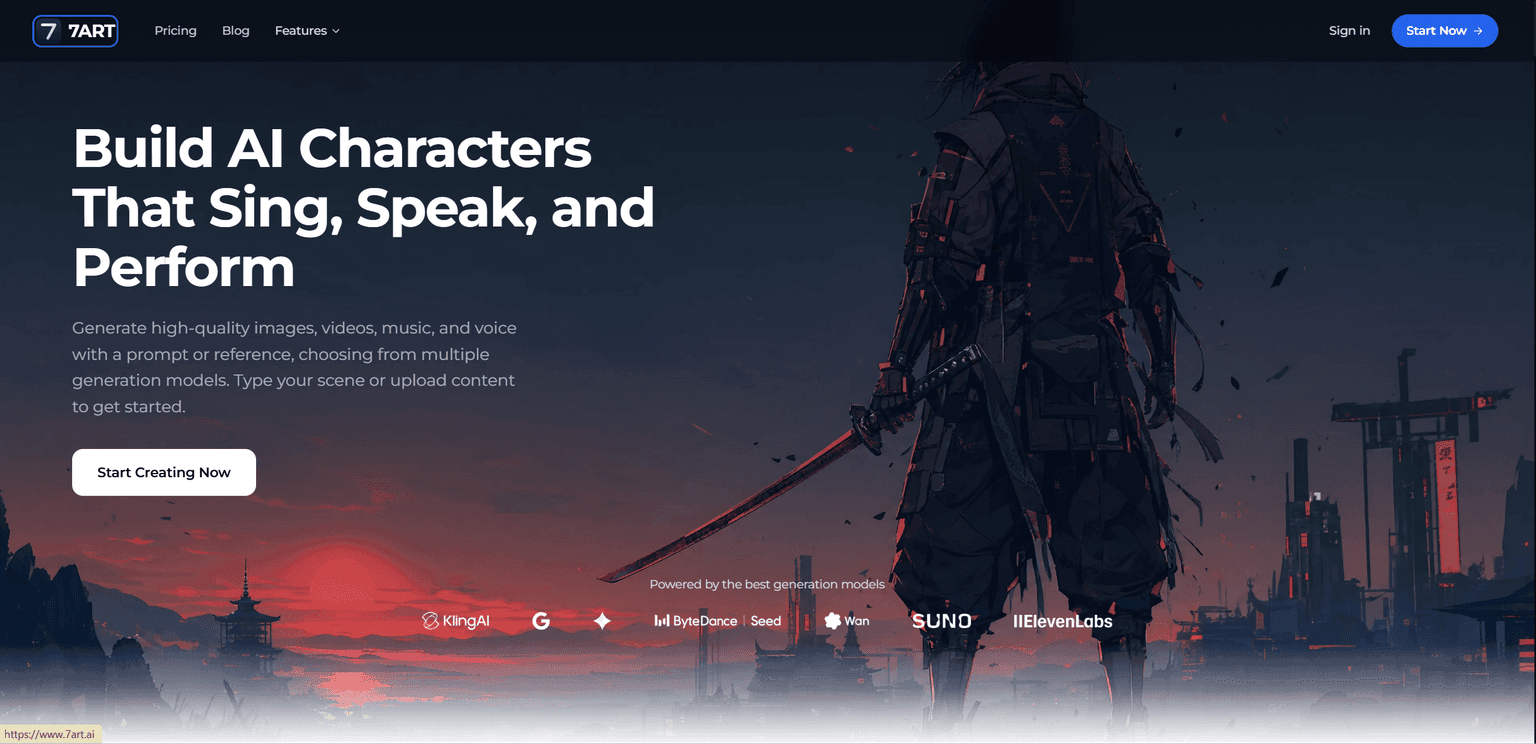 7ART homepage hero introducing the AI character creation studio