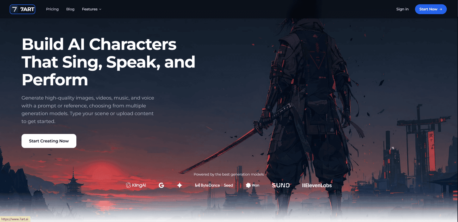 7ART homepage hero introducing the AI character creation studio
