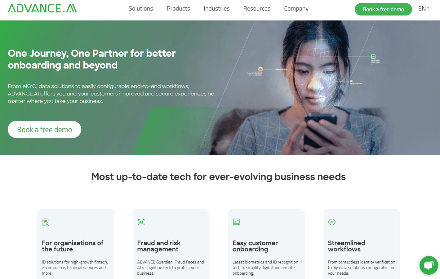 ADVANCE.AI platform showcasing its suite of digital identity verification solutions.