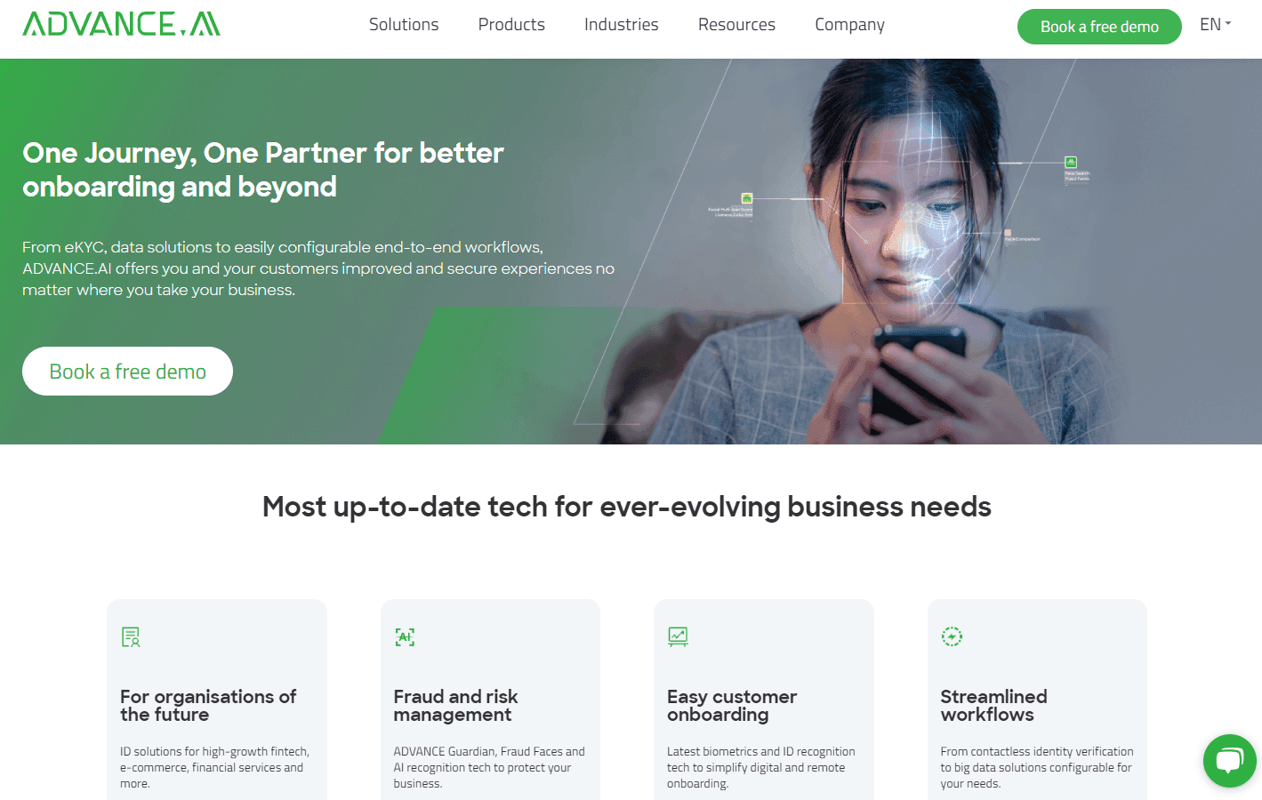 ADVANCE.AI platform showcasing its suite of digital identity verification solutions.
