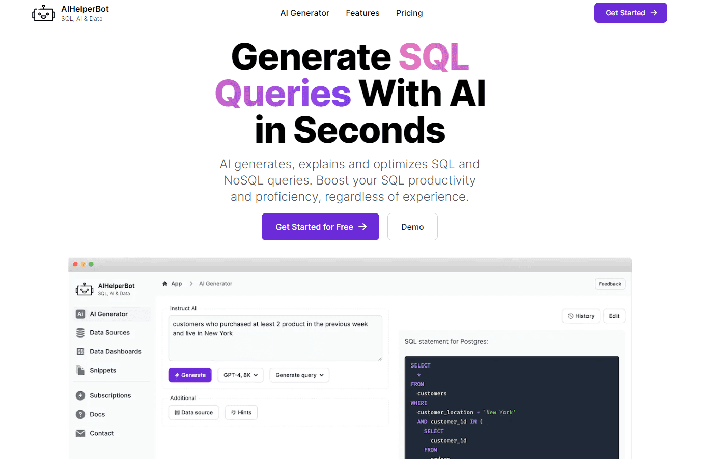 AI Helper Bot interface showcasing query generation