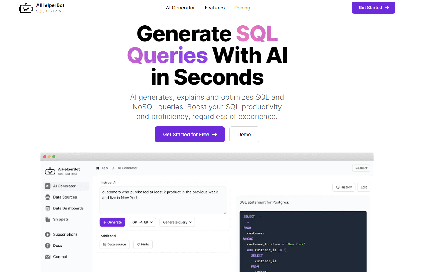 AI Helper Bot interface showcasing query generation
