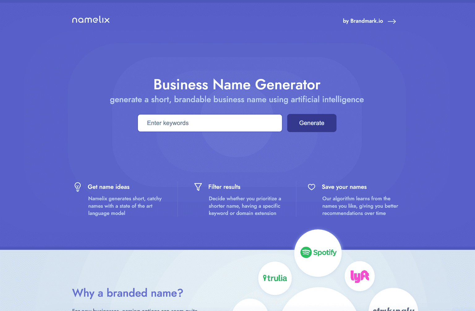 AI-powered business name generation platform interface.