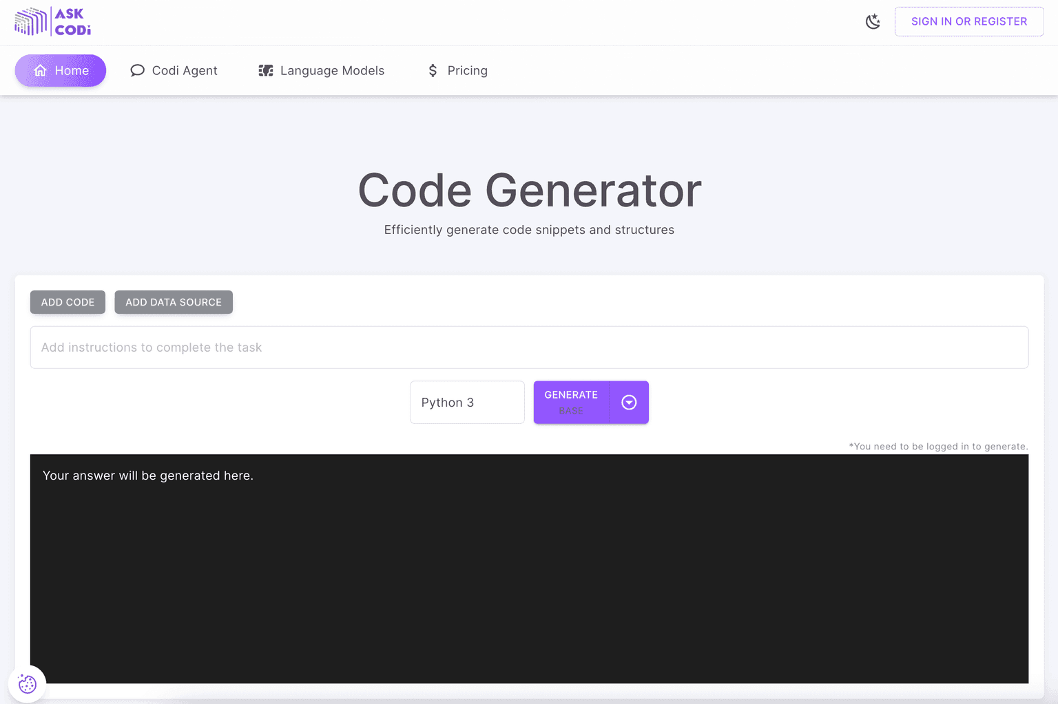 AI-powered code generation and documentation interface.