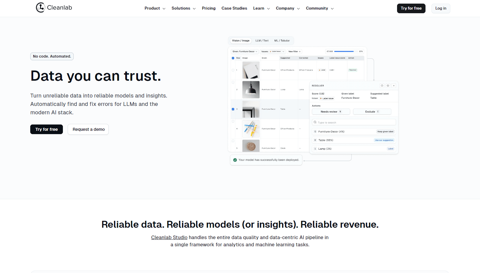 AI-powered data-centric machine learning and dataset quality management platform interface