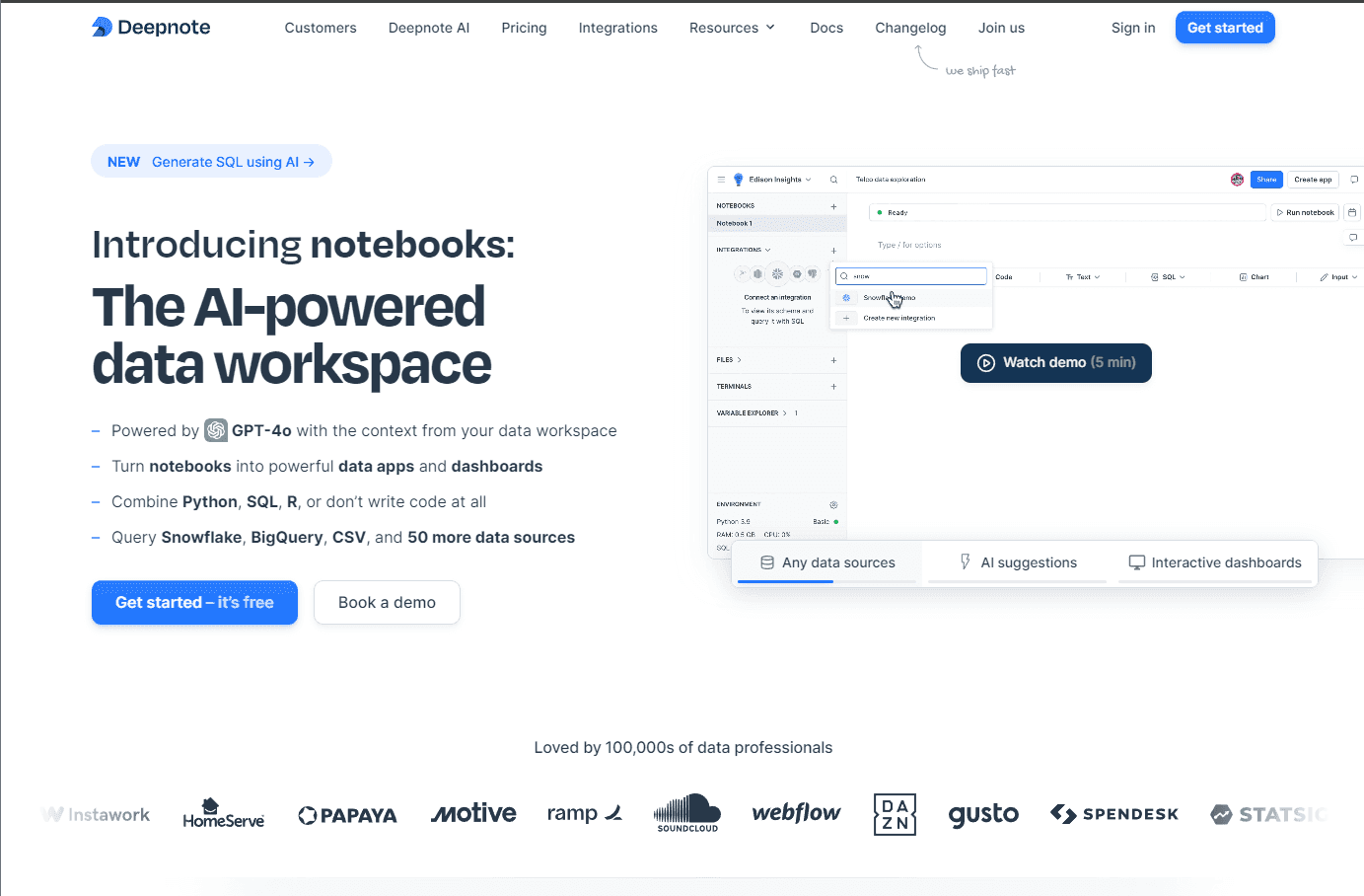 AI-powered data science and notebook management platform interface