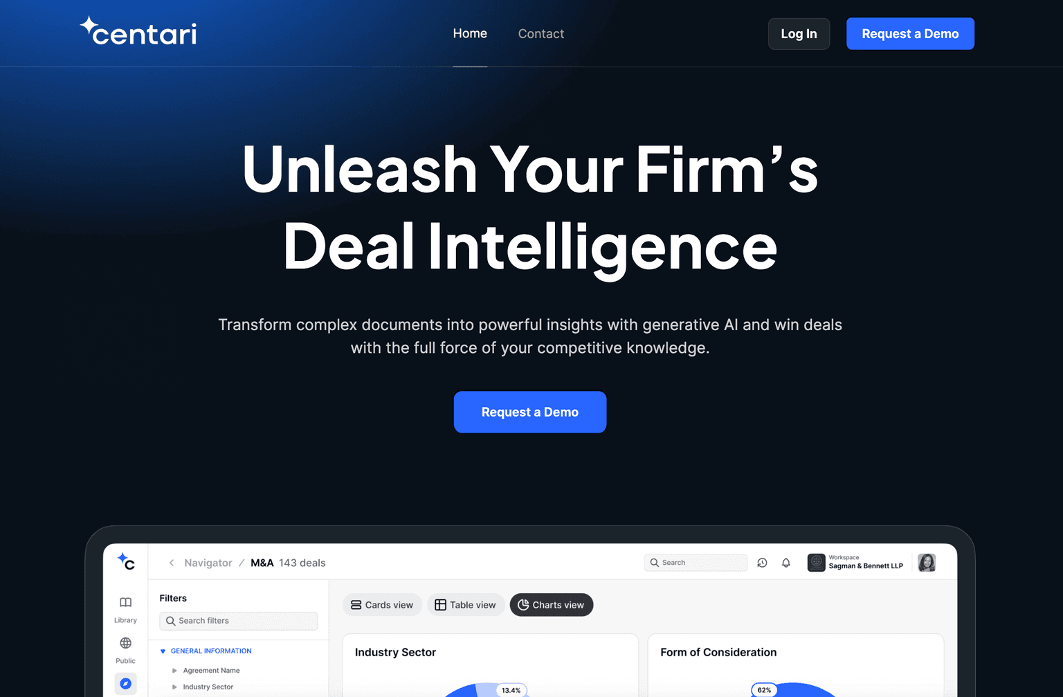 AI-powered deal intelligence and document management platform interface.