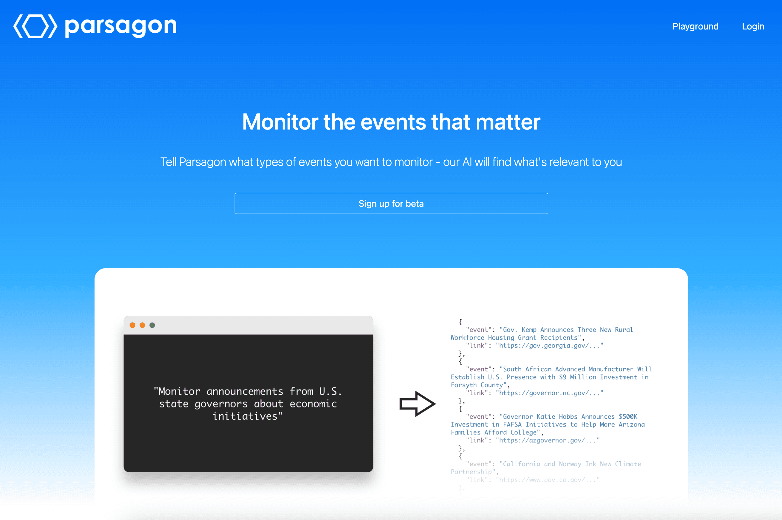 AI-powered event monitoring and data extraction interface.