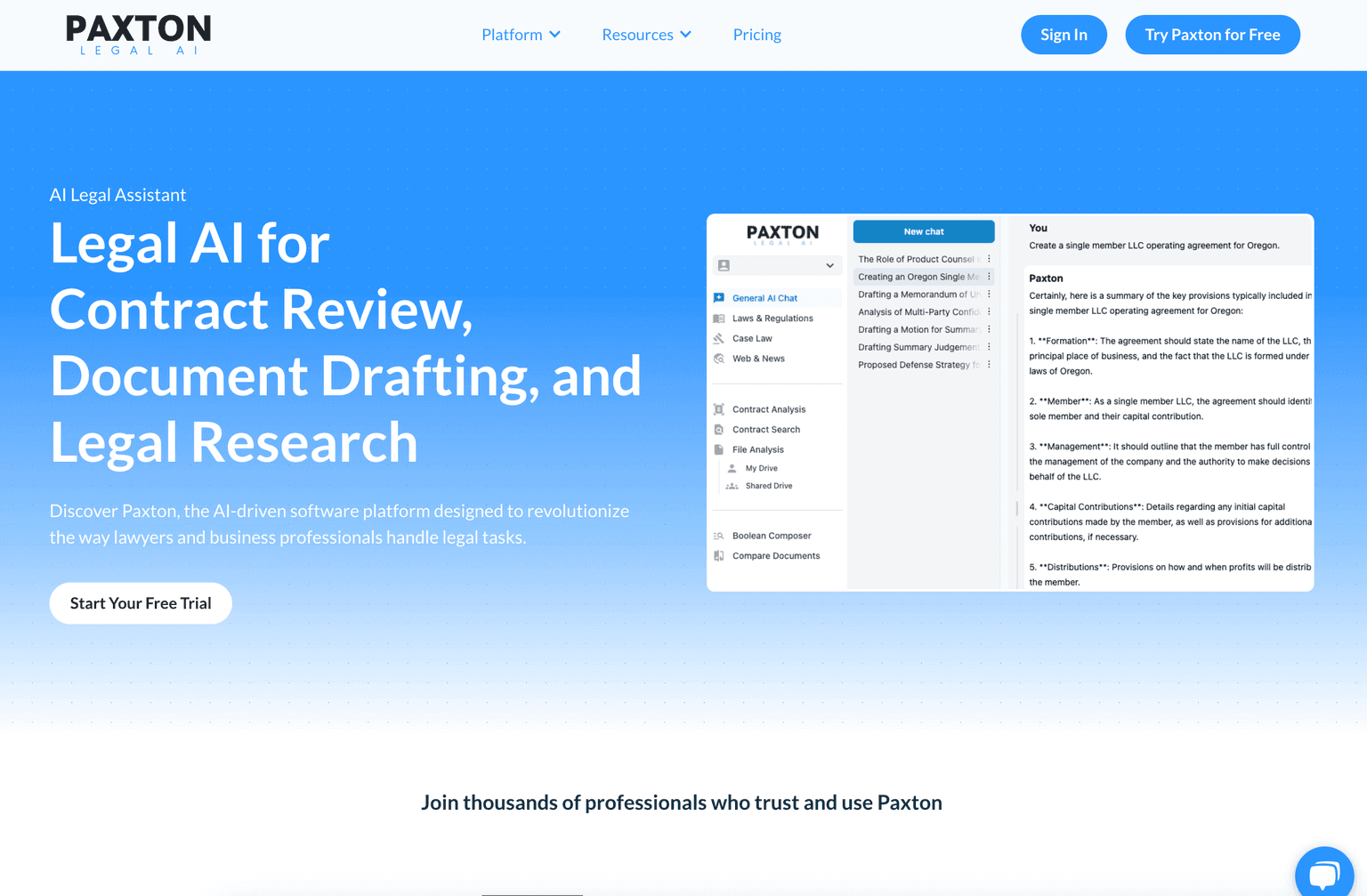 AI-powered legal research and document automation platform interface.