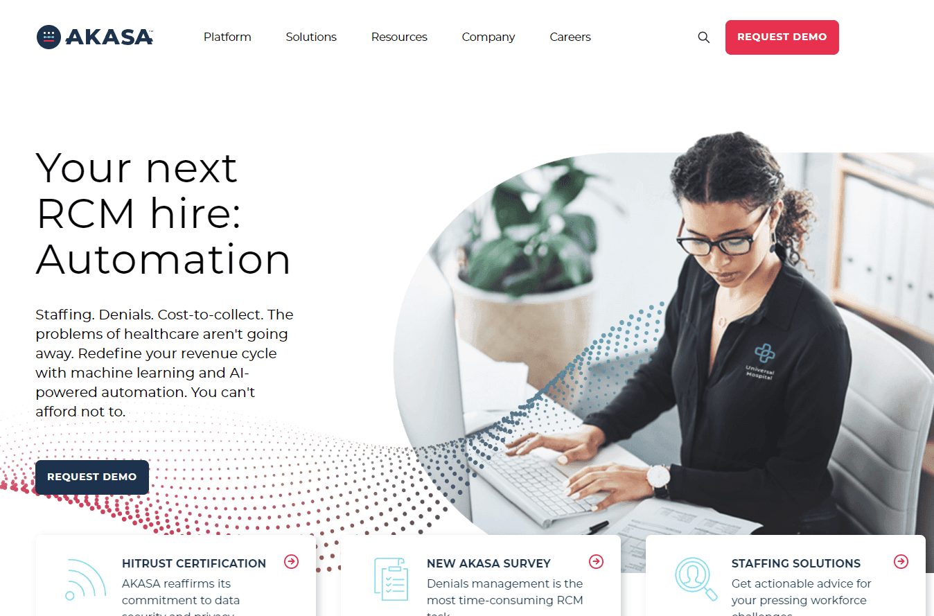 AKASA's platform interface showcasing healthcare revenue cycle solutions.