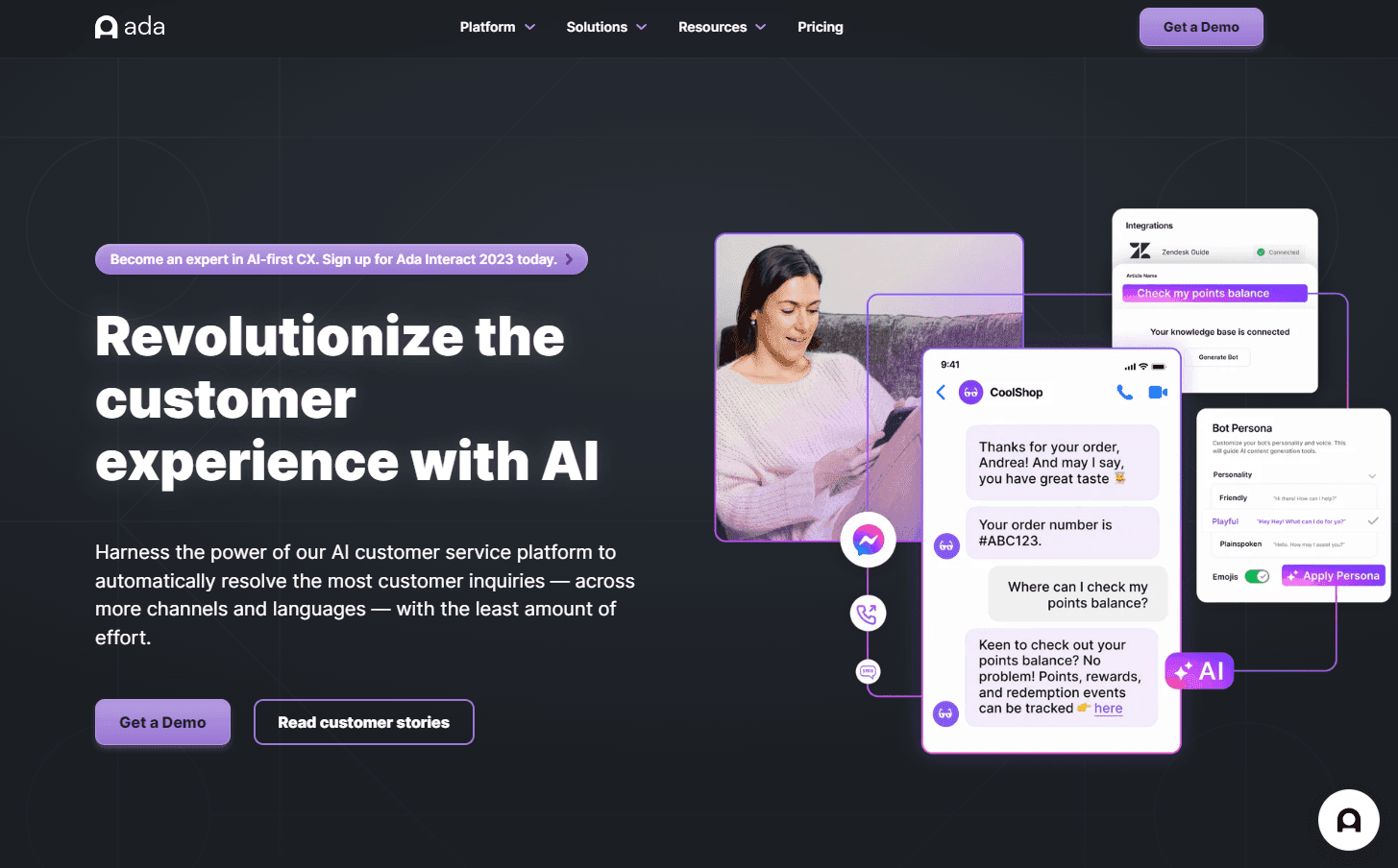 Ada's customer service automation interface.