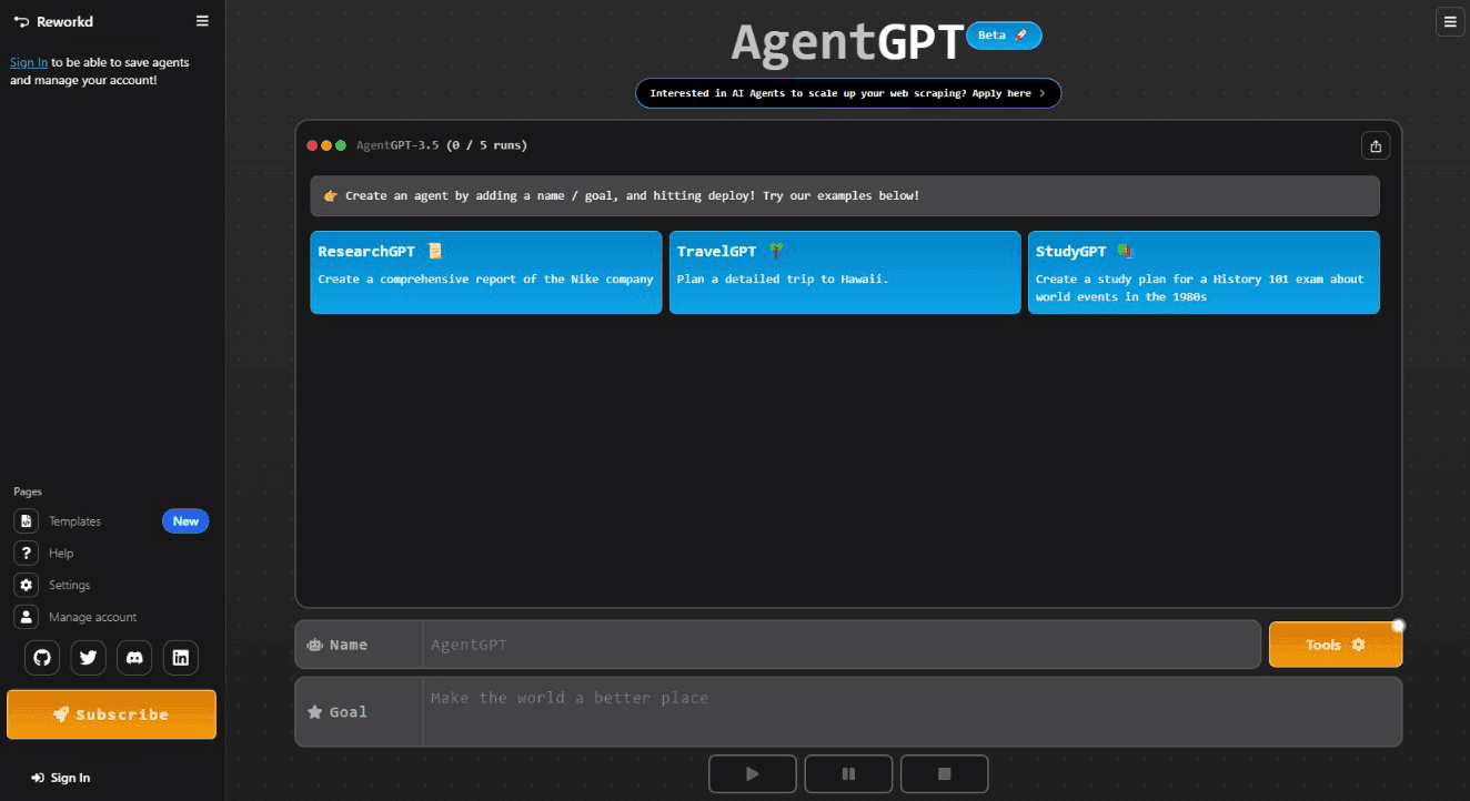 AgentGPT Autonomous AI Platform