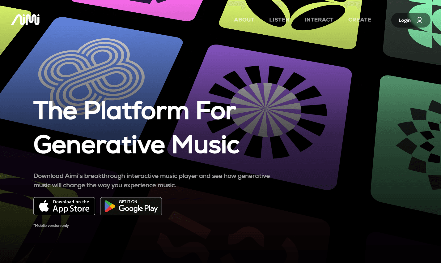 Aimi.fm platform interface showcasing generative music capabilities.