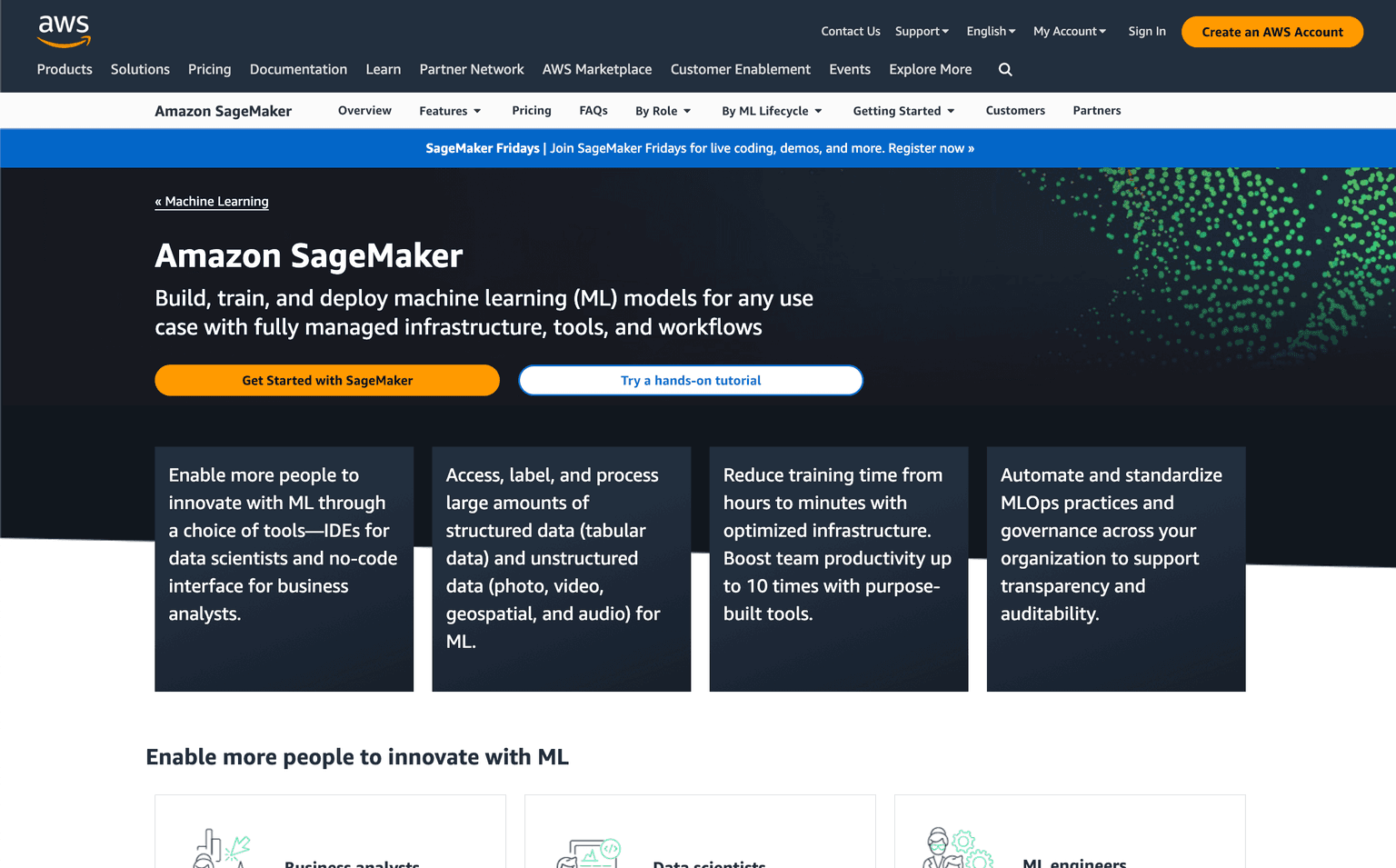 Amazon SageMaker dashboard showcasing ML tools