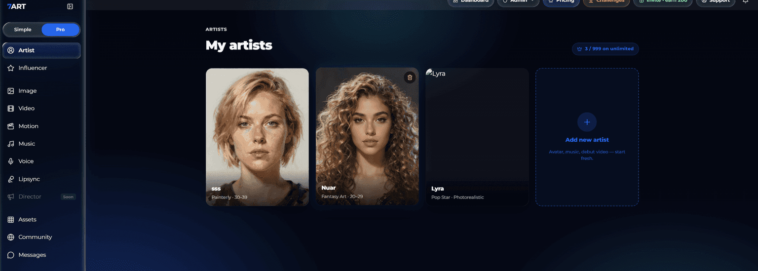 7ART AI artist builder app interface generating a character