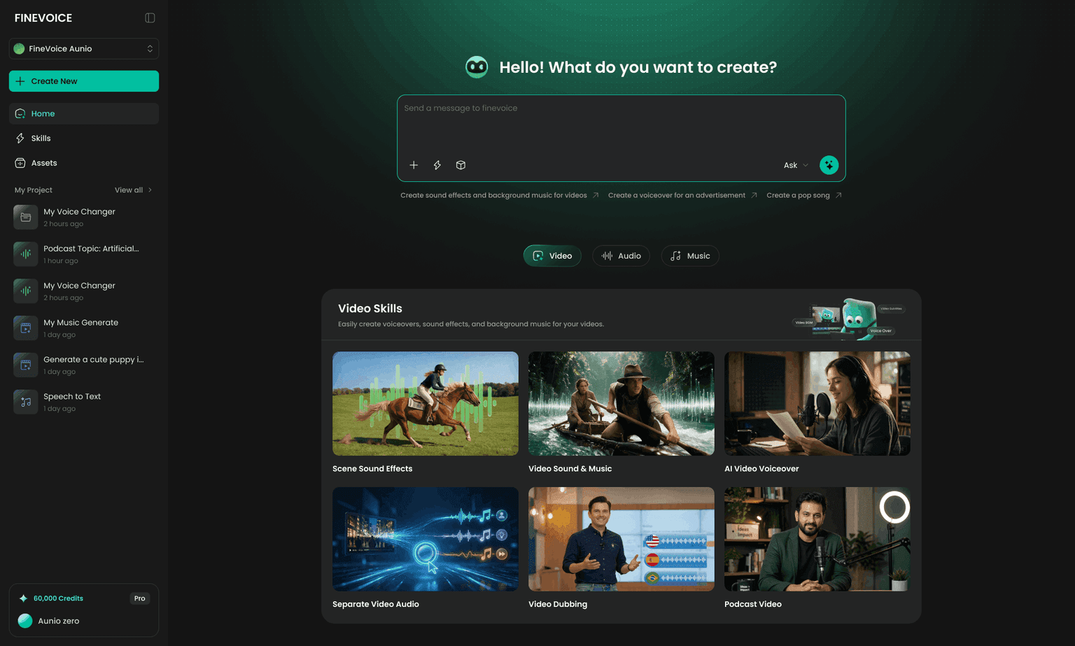 Aunio app home screen showing AI agents planning and creating professional audio production