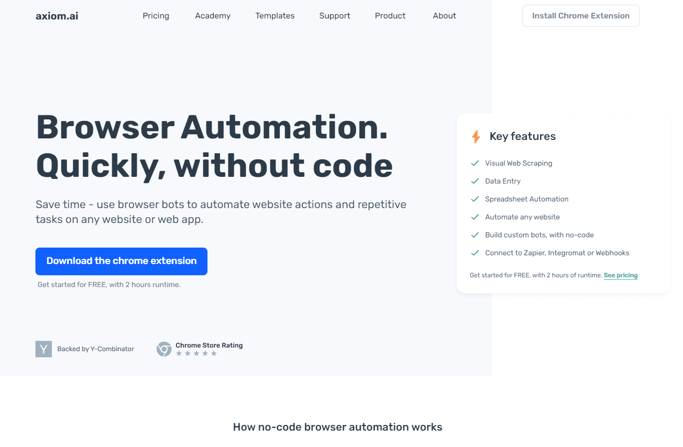 Axiom interface showcasing browser automation tools.