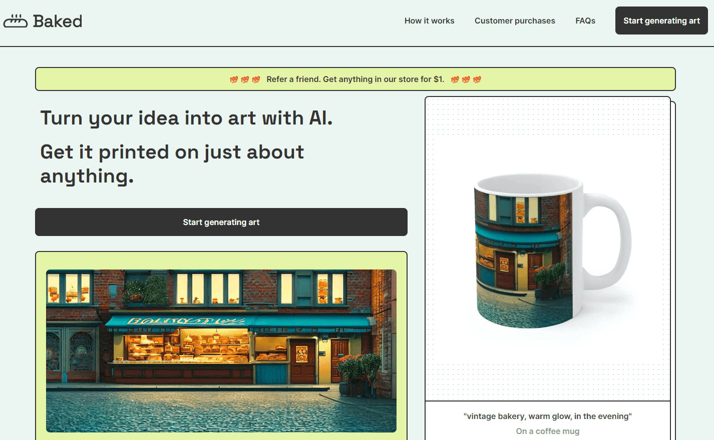 Baked platform interface showcasing AI-generated art on various products.
