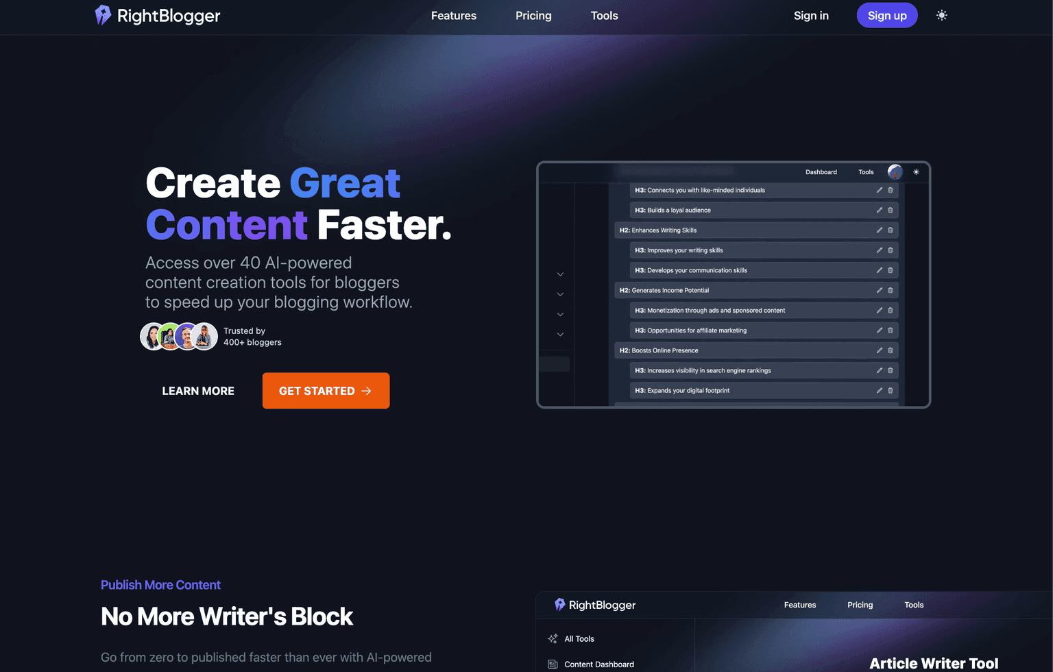 Blogging tools interface on RightBlogger