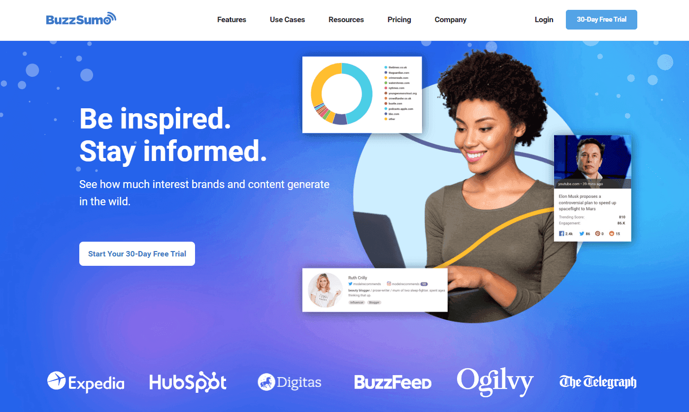BuzzSumo platform interface showcasing content discovery and influencer marketing tools.