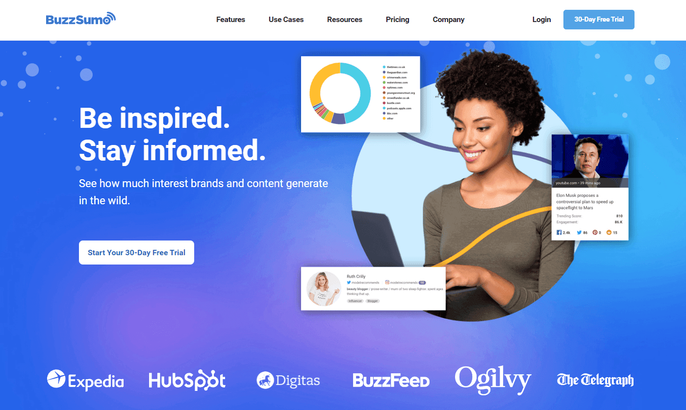 BuzzSumo platform interface showcasing content discovery and influencer marketing tools.