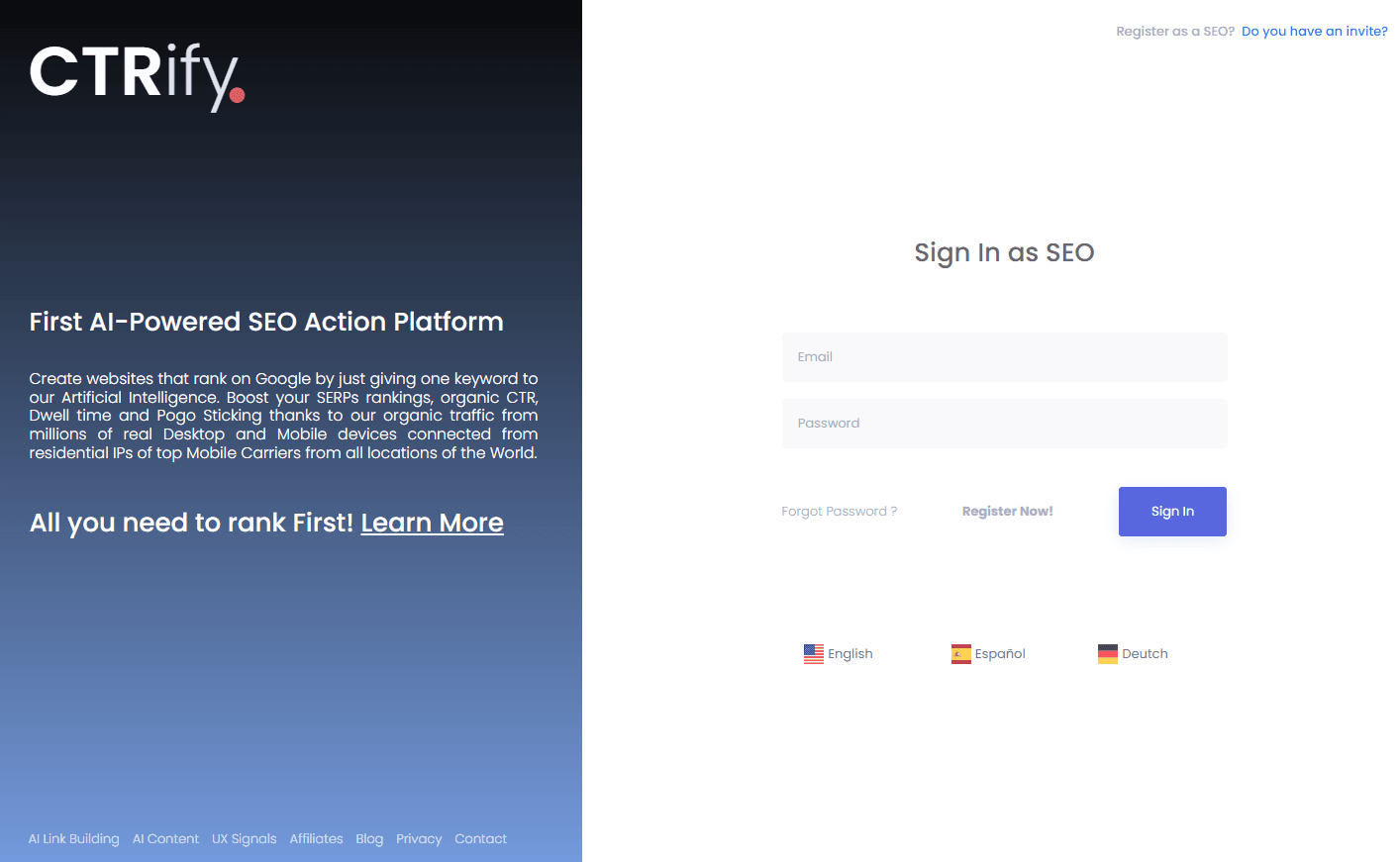 CTRify's user-friendly dashboard showcasing AI-driven SEO tools.